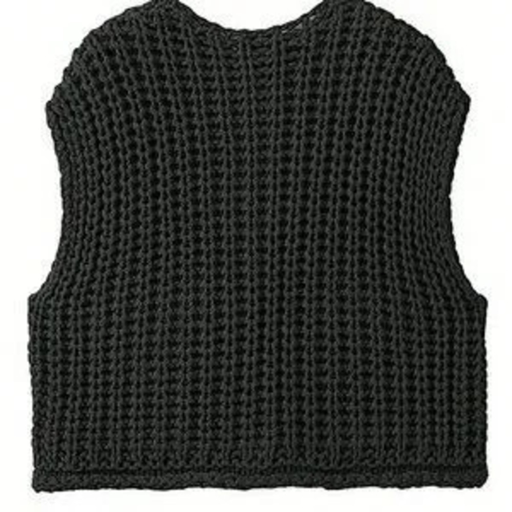 Black Casual Women's Loose Knit Vest With Double Pockets - Picture 2 of 4